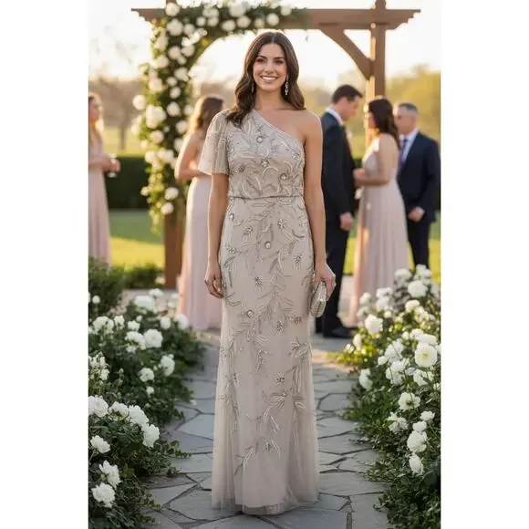 Wedding Guest Dress Adrianna Papell Floral Sequin One Shoulder Maxi Gown